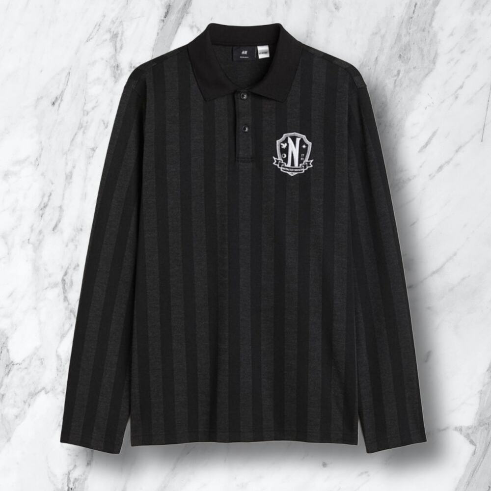 H&M Wednesday Adams‎ Black Striped Long Sleeve Polo Shirt XS